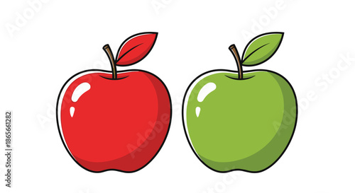 Pair of fresh and shiny apples including one red and one green variety with brown stems and leaves for healthy eating and fruit variety.