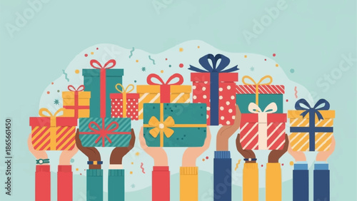 Diverse hands holding colorful gift boxes celebrating holidays and special occasions.
