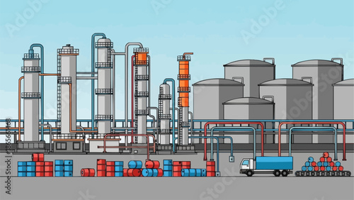 Industrial oil refinery complex with storage tanks and transportation.