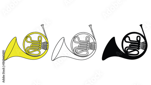 Three distinct illustrations of a French horn, showcasing color, outline, and silhouette.