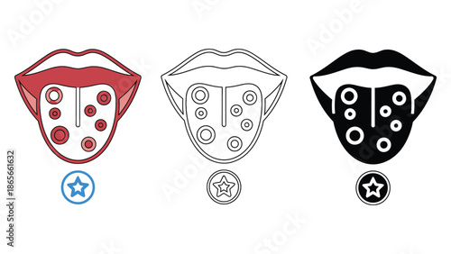 Close up of a mouth with a tongue displaying various colored spots and circles, representing taste buds or a medical condition.