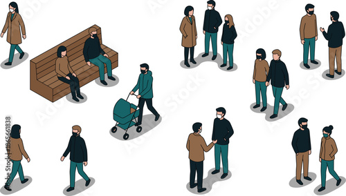 Isometric vector illustration of people wearing protective face masks while walking, sitting on a bench, and pushing a stroller in public spaces