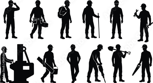 Vector silhouettes of diverse construction workers, industrial laborers, and technicians with tools for building, maintenance, and heavy machinery operation projects