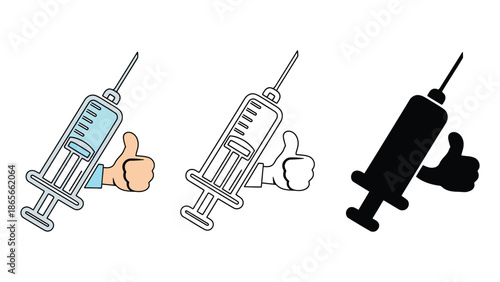 Syringe with a thumbs up gesture, symbolizing approval and medical care.