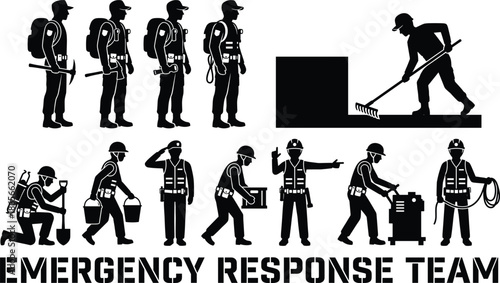 Vector silhouettes of emergency response team members including rescue personnel with backpacks, laborers with rakes, and industrial workers in safety vests