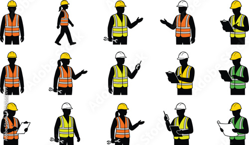 Vector silhouettes of male and female construction workers in high visibility safety vests and hard hats for industrial site management and engineering
