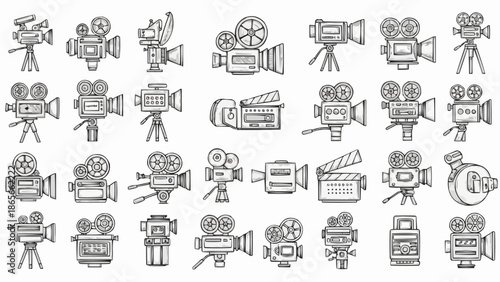 Collection of vintage movie cameras and clapperboards hand-drawn sketch.
