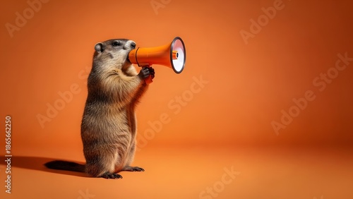 Groundhog holding megaphone funny animal photo