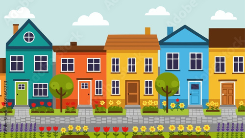 Colorful row of cartoon houses on a street with trees and flowers.