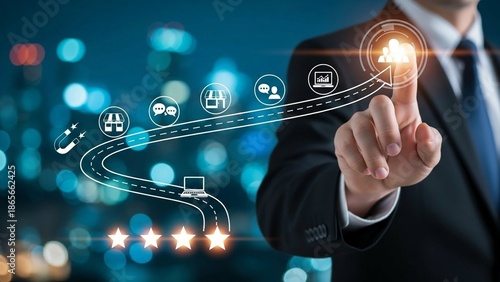 Businessman pointing at customer journey roadmap with digital marketing icons, strategic business growth and customer experience mapping concept.