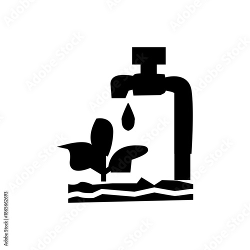 Drip irrigation system icon with water tap and growing plant, gardening and agriculture concept.