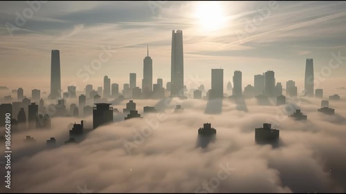 Cityscape of modern buildings emerging from fog in bright daylight
