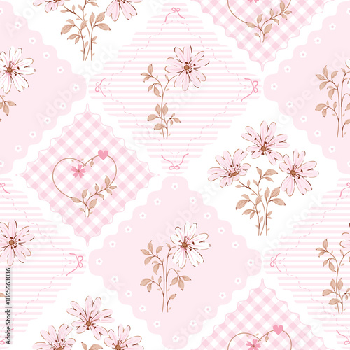 Cute floral pattern in pink color. Small pink flowers on Stripe, Gingham background. Daisy floral seamless pattern. Pretty cottagecor print. surface design for fashion, fabric, wallpaper, textile
