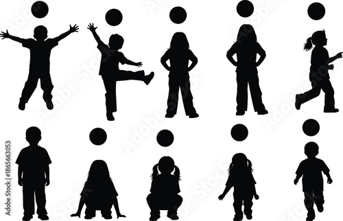 Children silhouette set with black circles, posture variation, spatial awareness design, black and white illustration, minimal style, perception icon