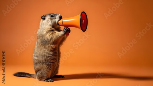 Groundhog holding megaphone funny animal photo
