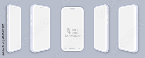 White smartphone mockup. 3D clay mobile template isolated in perspective view. Realistic white phone set with blank screen for show your user interface app design, media or promo, vector illustration.