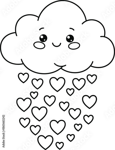 Cloud Character Coloring Page - Cute Heart Rain Illustration for Kids Activity and Crafts