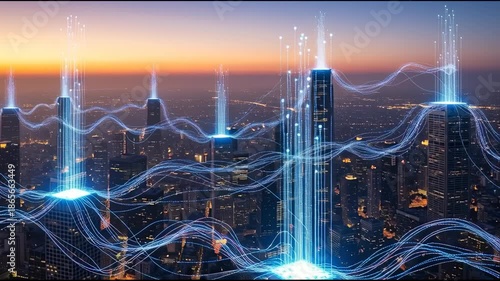 Cityscape with digital data streams and glowing lines at sunset