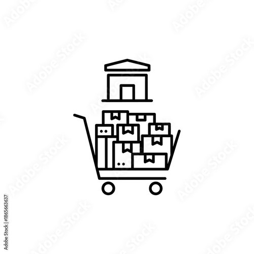 Minimalist Illustration of a Shopping Cart Filled with Various Items for Retail Shopping