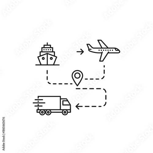 Logistics and Transportation Workflow Illustration Featuring Ship, Airplane, and Truck Symbols
