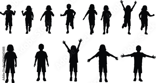 Children silhouette set, walking and standing poses, black and white design, motion study, minimal style, posture variation, playful figures