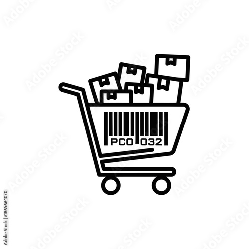 Shopping Cart Icon with Boxes and Barcode for E-commerce and Retail Concepts
