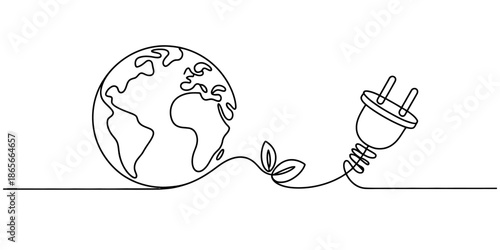 Continuous line drawing representing green energy and sustainable power for planet earth Vector, illustration