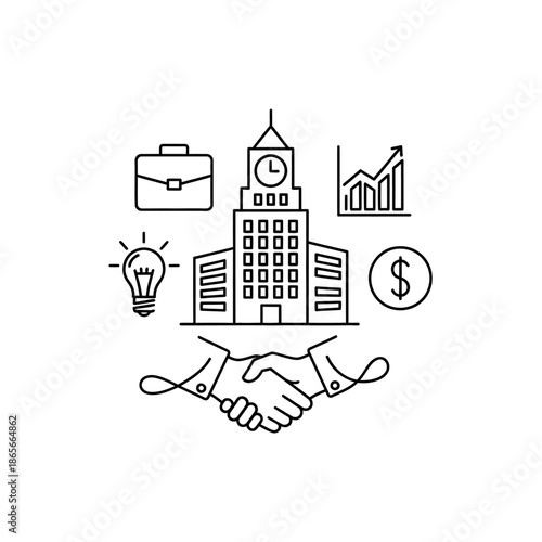 Business Office Collaboration Illustration with Handshake and Growth Icons