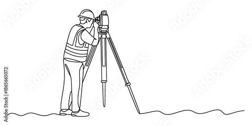 A single line drawing of a land surveyor working with a total station on a construction site Vector, illustration