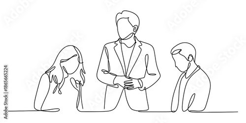 Continuous line art drawing of a business discussion between a leader and two colleagues Vector, illustration