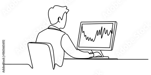 Continuous one line art drawing of a man looking at a financial chart on a computer screen Vector, illustration