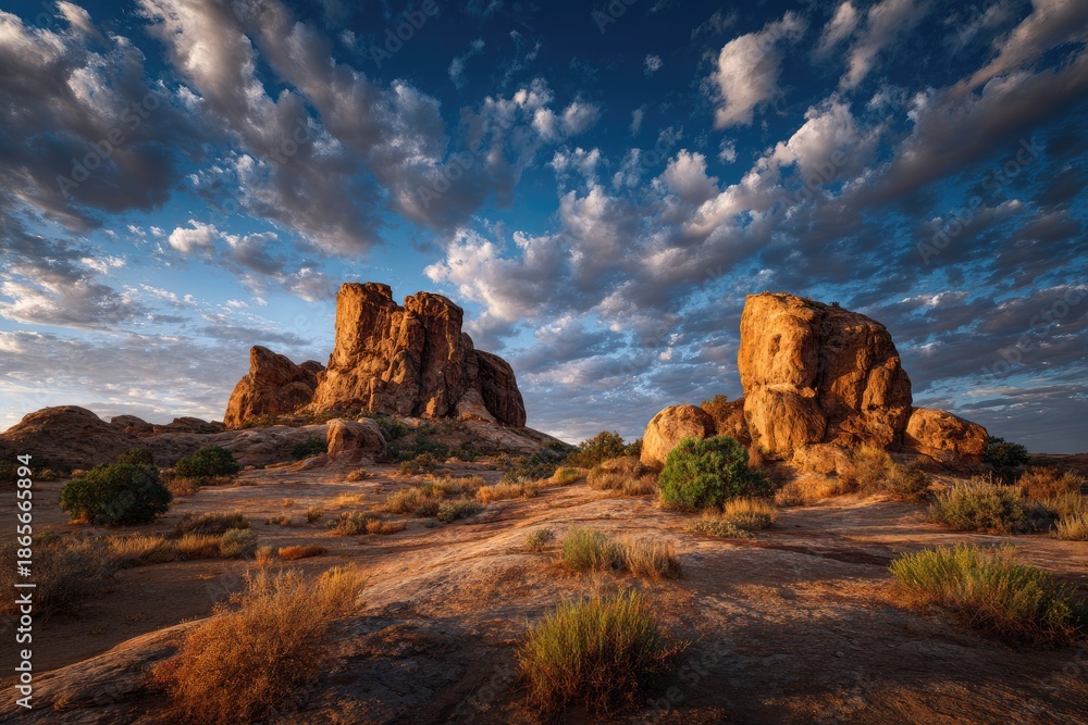 Fototapeta premium Dramatic sandstone formations bathed in golden light beneath a cloudy, vibrant sky