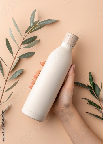 Elegant cream colored personal care bottle with organic botanical elements surrounding it