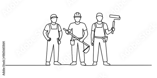 Simple black and white line drawing of three diverse construction workers or handymen Vector, illustration