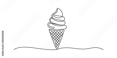 A minimalist single continuous line drawing of a soft serve ice cream cone on a plain white background Vector, illustration