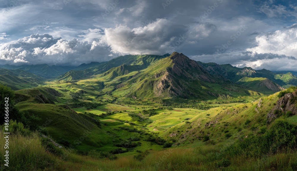 Fototapeta premium Lush green valley unfolds beneath a dramatic sky, mountains in the distance