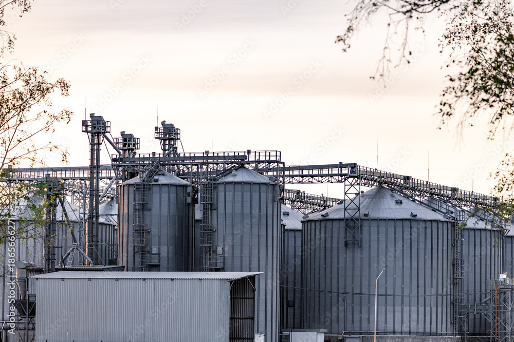 Obraz premium Large metallic storage tanks and silos are situated within an industrial complex, showcasing a clear blue sky and operational infrastructure during daytime