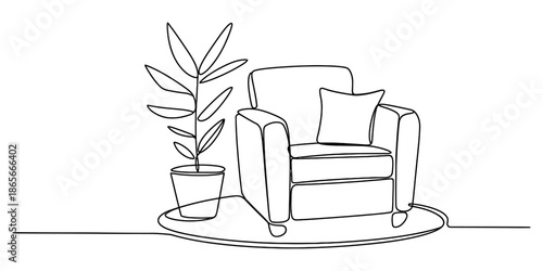 Simple continuous line drawing of a comfortable armchair and houseplant for home decor Vector, illustration