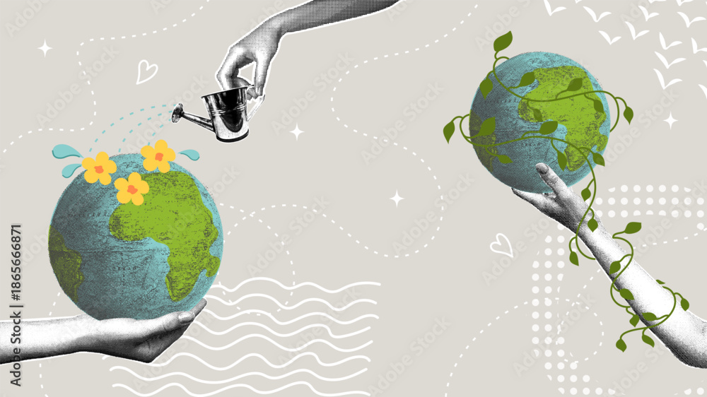 Obraz premium Global environmental awareness. A trendy halftone collage. The concept is to develop a sustainable future and protect natural resources.