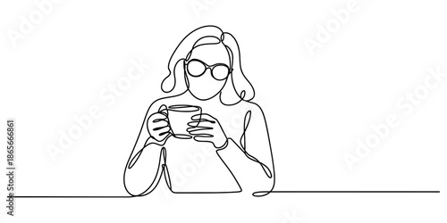 Minimalist continuous line drawing of a woman wearing glasses and holding a coffee mug Vector, illustration