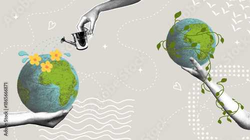 Global environmental awareness. A trendy halftone collage. The concept is to develop a sustainable future and protect natural resources.