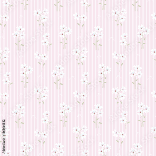 White floral pattern in small design. Small cute flowers on pink stripe background. Ditsy floral seamless pattern. Pretty small print. Daisy flower, surface design for fashion, wallpaper, textile