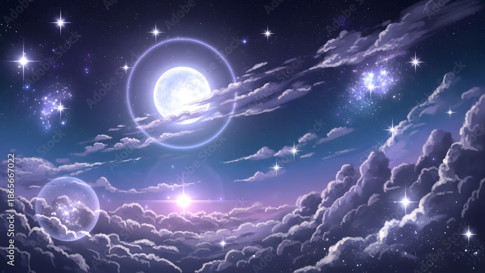 Obraz premium Beautiful evening view of the crescent moon and starry sky