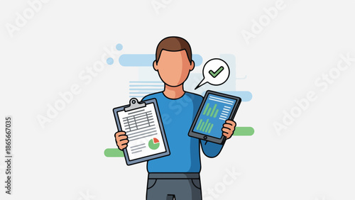 Business Analyst Presenting Data Analytics with Charts and Check Mark