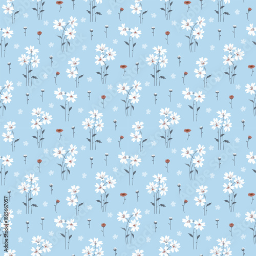 Cute floral pattern in small design. Small white flowers on blue background. Ditsy floral seamless pattern. Pretty small print. Daisy flower surface design for fashion, wallpaper, textile, print