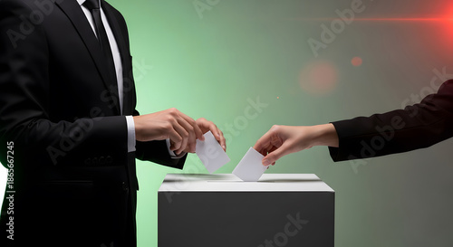 Two people dropping votes into a ballot box at election polling place, voting process during general election