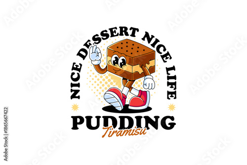 Tiramisu layered pudding retro cartoon character mascot illustration with walking and ok hand pose for cafes and pastry branding and merchandise