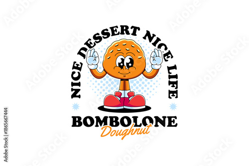 Bombolone filled doughnut retro cartoon character mascot illustration with standing and ok hand pose for cafes and pastry branding and merchandise