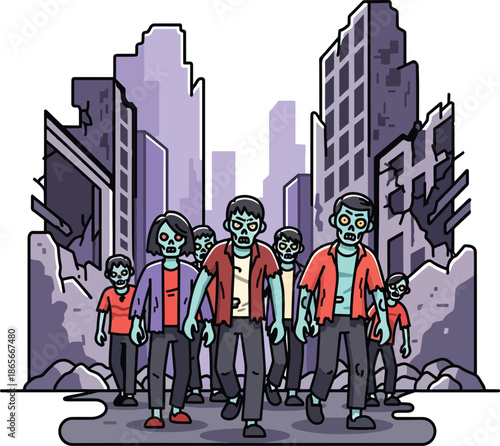 A group of zombies walking through a destroyed city