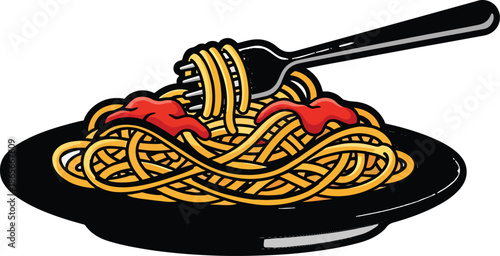 A plate of pasta with red sauce being picked up by a fork